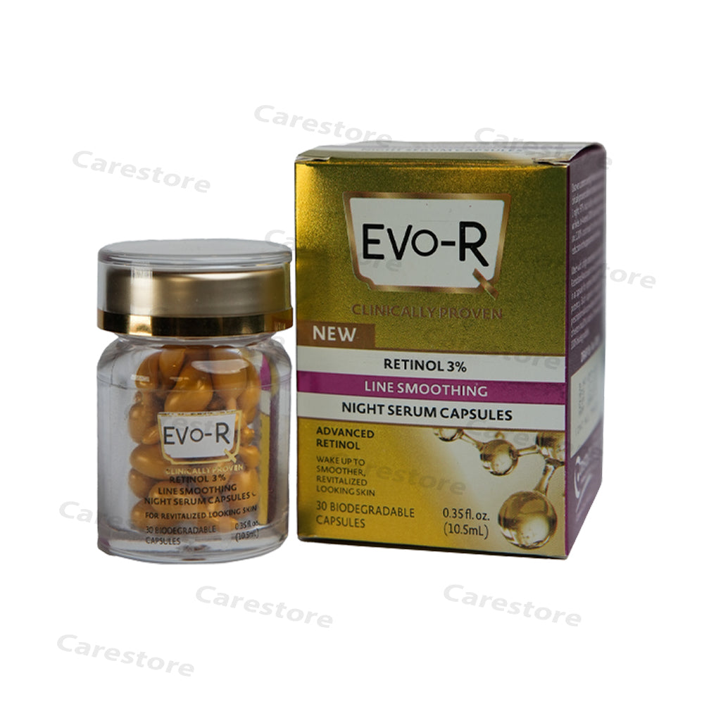 EVO-R Retinol 3% Line smoothing Night serum capsules skincare wrinkles aging crystolite pharmaceuticals