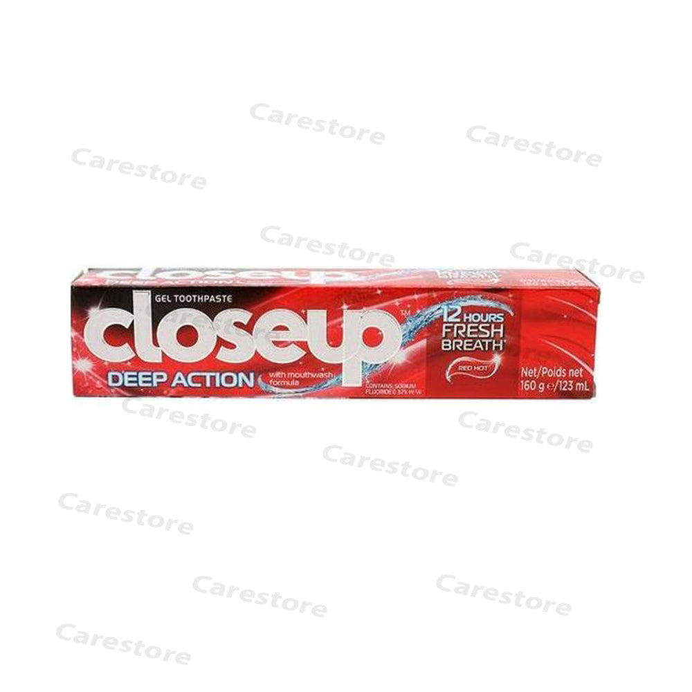 Closeup red hot deep action toothpaste 160g